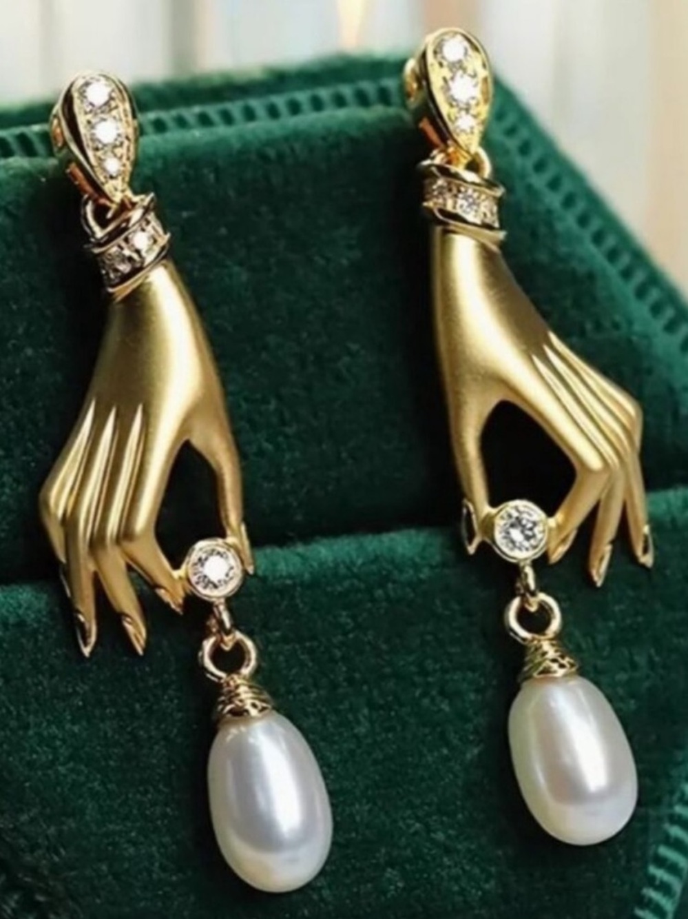 Gold Hand Pearl Drop Earrings with Crystal Accents - Picture 3 of 4